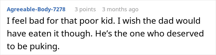 Screenshot of a Reddit comment discussing a dad stealing a spicy chicken sandwich for his kid, leading to chaos when the child vomits.