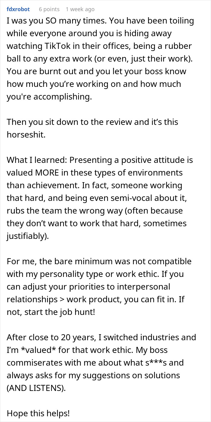 Screenshot of a comment describing burnout and challenges faced by a worker who goes above and beyond at work.