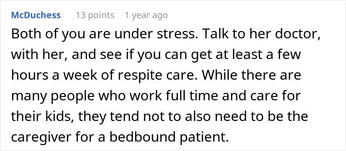 Comment about stress on man snapping at pregnant bedridden wife during his work meeting, addressing caregiving challenges.