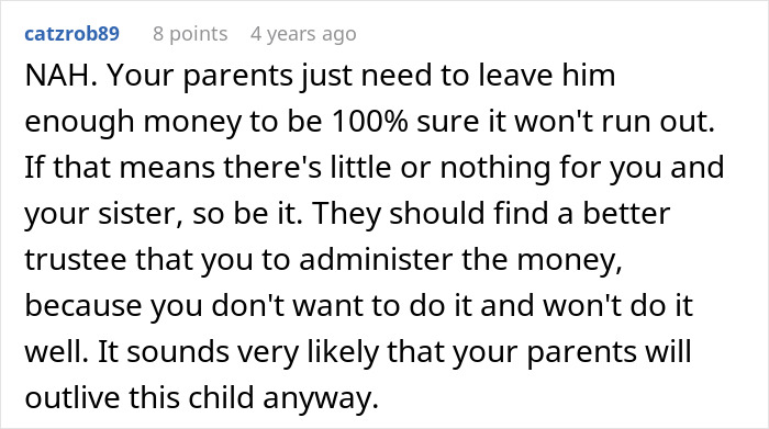 Comment discussing parents urging son to care for disabled brother and the conflict with sister over responsibility refusal.