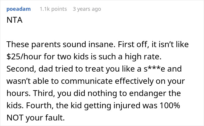 Screenshot of a comment defending babysitter against rude, rich folks falsely accusing and blaming her after missing business trip.