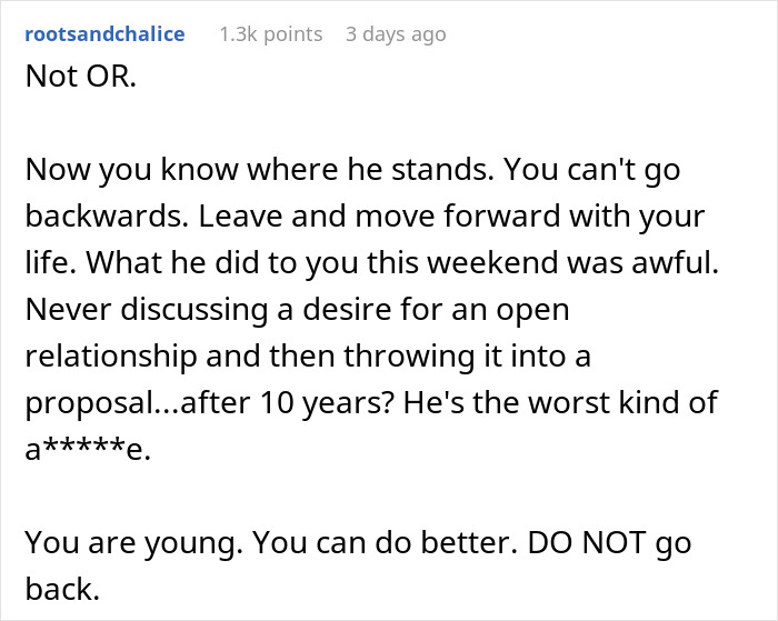 Commenter advises against open marriage after a surprise proposal with a ring, urging to leave and move forward.