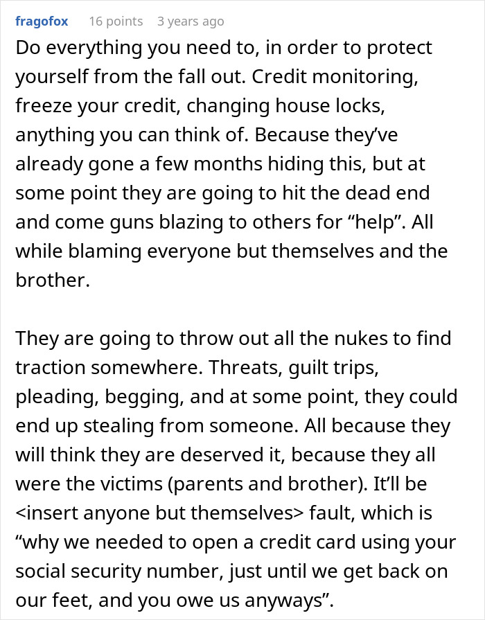 Comment discussing protecting against financial fallout involving family conflicts, money loss, and crypto concerns.