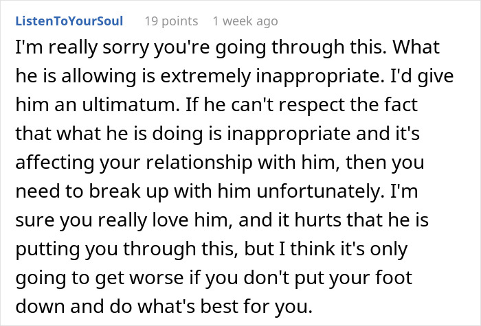 Reddit comment advising a woman to set boundaries with her boyfriend over his inappropriate work wife behavior. Reddit comment advising a woman to set boundaries with her boyfriend over his inappropriate work wife behavior.