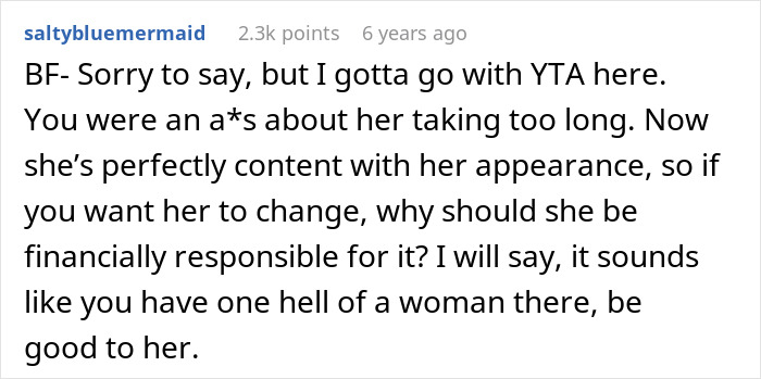 Screenshot of a Reddit comment discussing a boyfriend regretting mocking his girlfriend&rsquo;s long beauty routine.