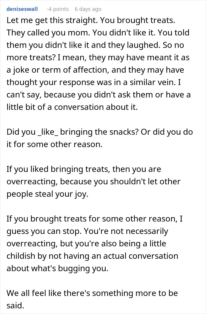 Comment discussing a woman accused of making things awkward at work by stopping baking for colleagues over a nickname issue.