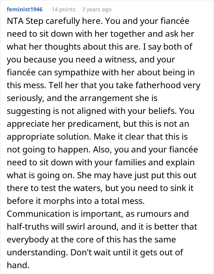 Comment advising careful discussion about fatherhood and family communication in a situation involving an ex&rsquo;s baby.