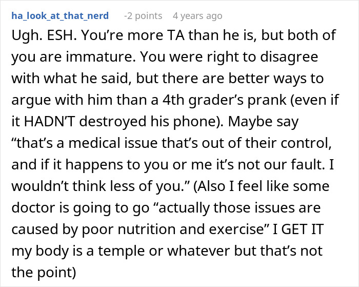 Screenshot of a Reddit comment discussing immaturity and a prank that accidentally destroys a phone.