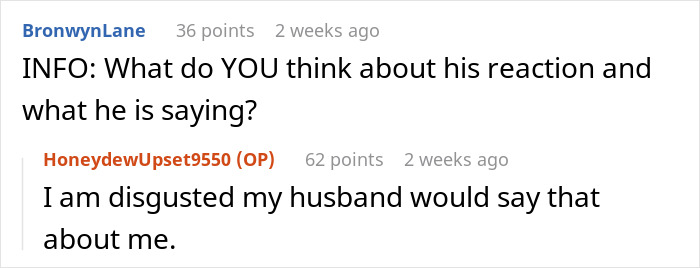 Screenshot of an online discussion where a wife plans surgery after weight loss and husband calls her selfish.