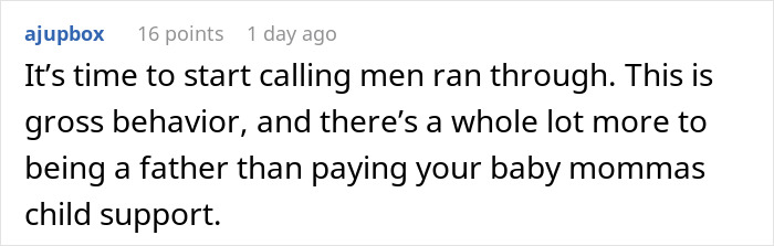 Screenshot of a comment calling out a man for having four kids with four different women and irresponsible fatherhood behavior.