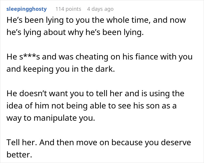 Comment text about a woman discovering a man she&rsquo;s been with is getting married soon, exposing lies and manipulation.