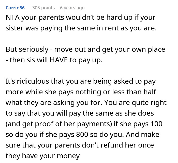 Comment discussing sibling refusing to pay rent after discovering sister lives rent free, highlighting fairness in payments.