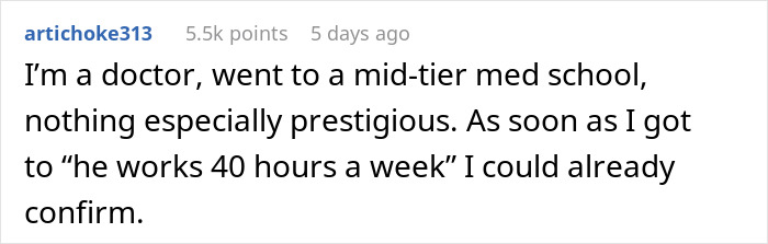 Comment suspecting a guy lying about attending medical school, leading to his anger and denial online.