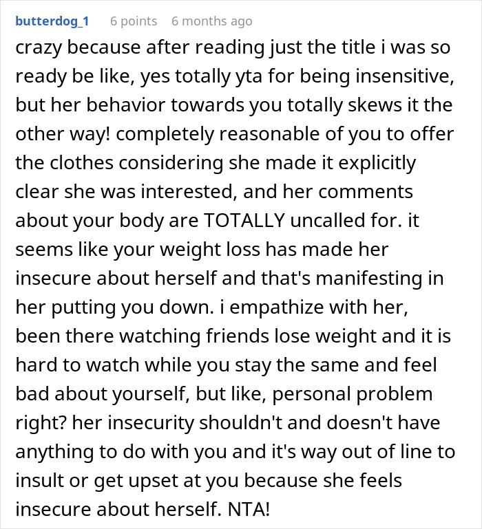 Commenter discussing woman losing weight, coworker offering old clothes, and insecurities about body image at work. Commenter discussing woman losing weight, coworker offering old clothes, and insecurities about body image at work.