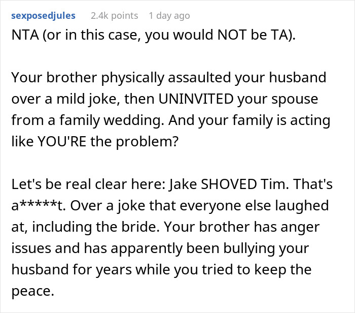 Screenshot of a Reddit comment discussing a man mocking his brother-in-law for years and uninviting him from a wedding.