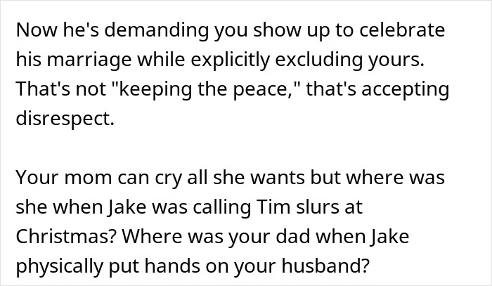 Text excerpt showing a family conflict involving a man mocking his brother-in-law and wedding exclusion issues.
