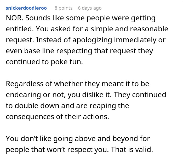 Comment discussing a woman accused of making things awkward at work by stopping baking for colleagues over a nickname.