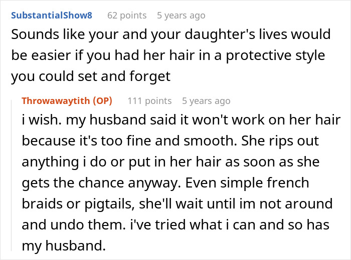 Reddit conversation discussing challenges of brushing out biracial daughter's curls amid woke folks' criticism of whitewashing.