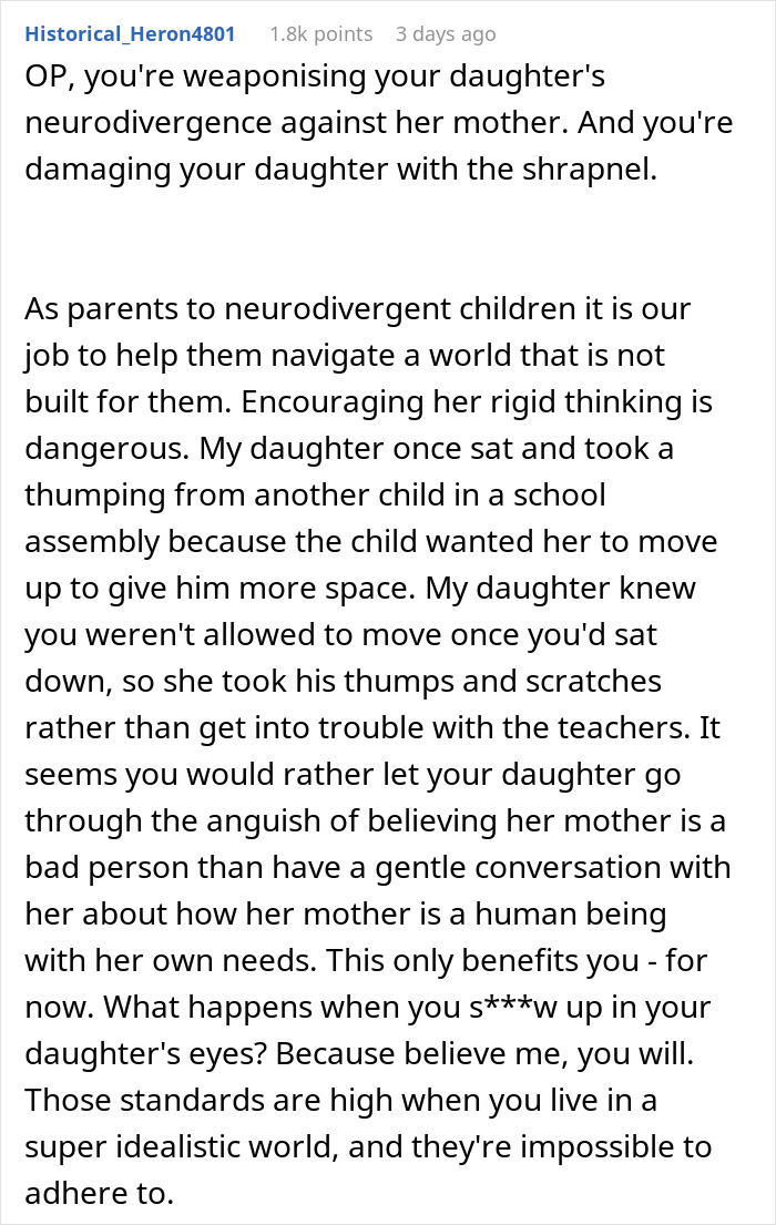 Text from an online post discussing challenges of parenting an autistic child when a woman&rsquo;s work trip is actually a vacation.