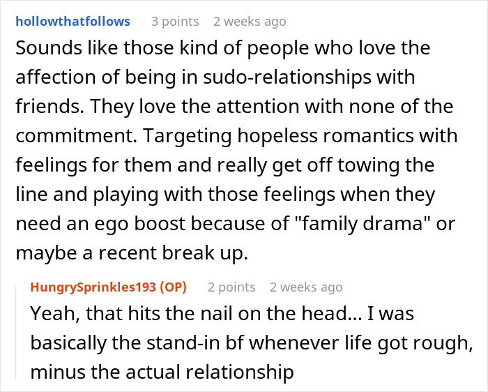Screenshot of a Reddit conversation about rejection and dating after being called out by a bestie.