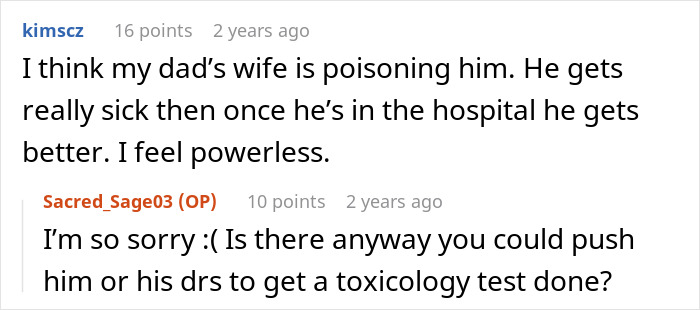 Screenshot of a forum conversation about suspicion of poisoning and advice on toxicology testing after mysterious illness.