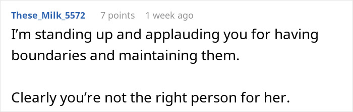 Screenshot of a Reddit comment praising someone for maintaining boundaries in a discussion about combined income demands. Screenshot of a Reddit comment praising someone for maintaining boundaries in a discussion about combined income demands.