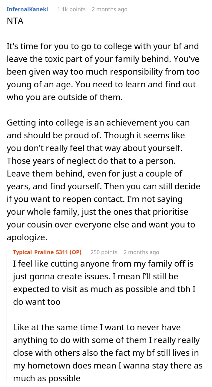 Screenshot of an online discussion about a golden child cousin overshadowing a teen&rsquo;s celebration and causing family tension.