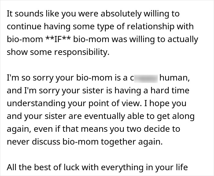 Text message discussing teen torn about continuing to see biological mom treated like a second-rate child. Text message discussing teen torn about continuing to see biological mom treated like a second-rate child.