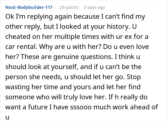 Screenshot of an online comment discussing relationship issues related to refusing to visit girlfriend in hospital.