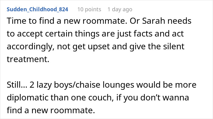 Screenshot of a forum comment discussing a dispute about a heavier roommate paying more for a new couch.