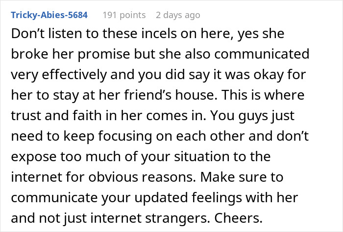 Comment discussing trust and communication in a relationship after a woman goes to gala with client as date.