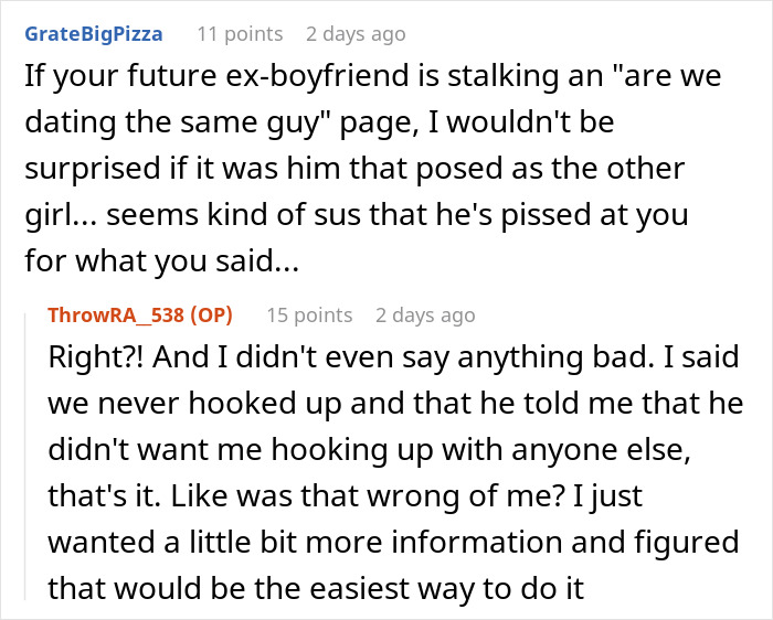 Online conversation discussing suspicions in boyfriend dating relationships and concerns about trust and communication.