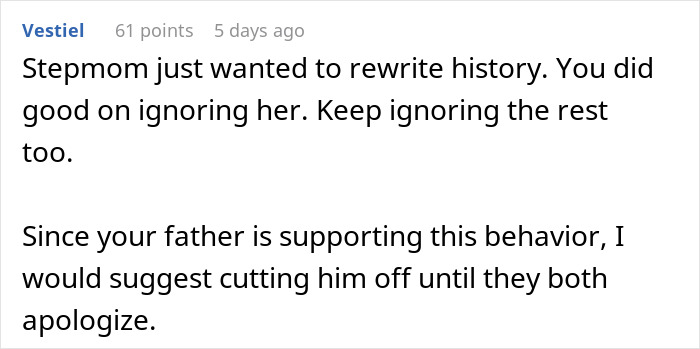 ALT text: Online comment criticizing stepmom's hypocrisy and suggesting cutting off father for supporting lies publicly.
