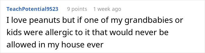 Reddit comment discussing concerns about allergies and home rules, relating to monster-in-law conflicts and safety risks.