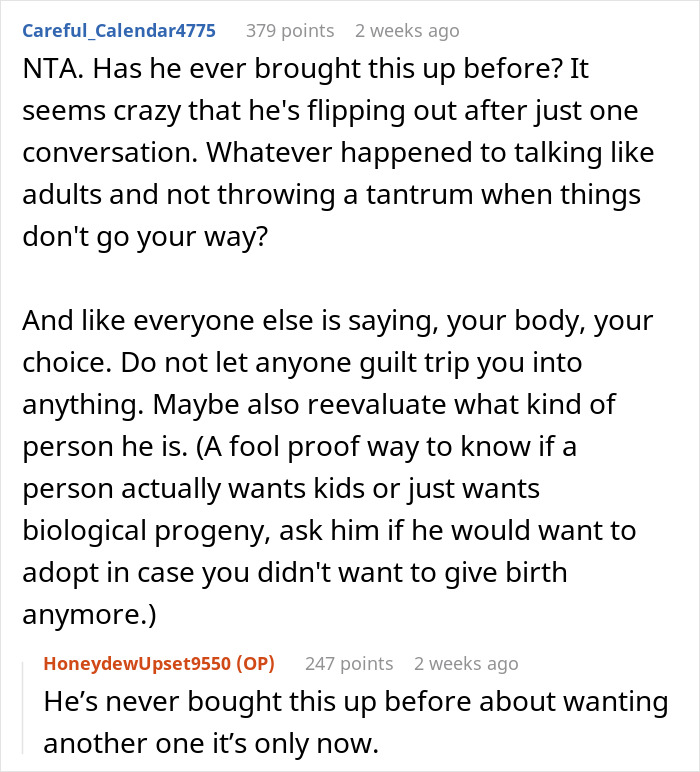 Reddit user discusses wife planning surgery after weight loss and husband calling her selfish for postponing having another child.