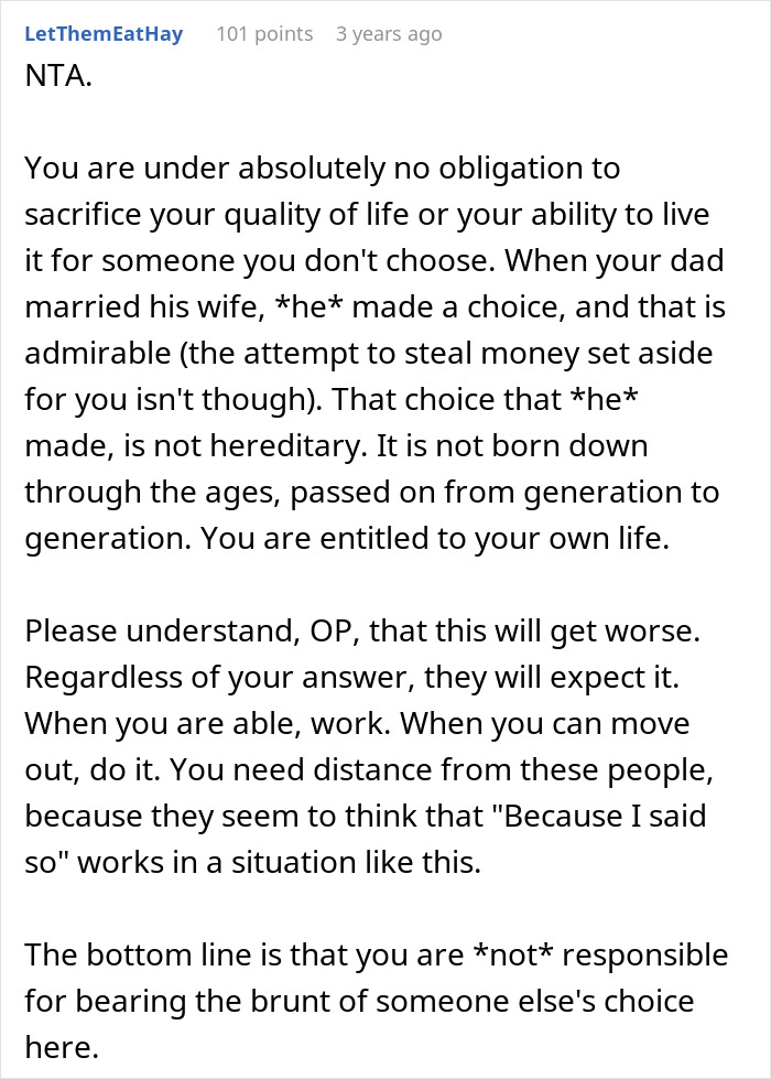 Text excerpt discussing a 19-year-old refusing caregiver role for disabled stepsister amid family pressure.