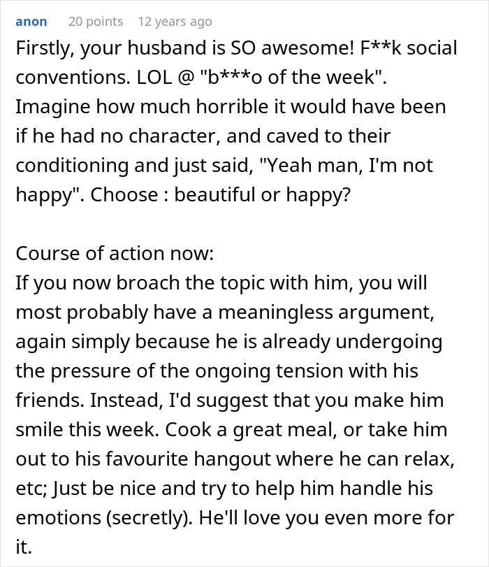 Screenshot of an online comment discussing relationship advice after wife hears husband admit she&rsquo;s ugly.