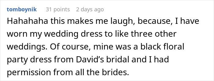 Comment about guest wearing own wedding dress to multiple weddings, mentioning a black floral party dress from David&rsquo;s bridal.
