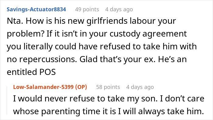 Screenshot of an online discussion about a mom refusing to drive drunk and an ex arguing during his girlfriend&rsquo;s labor.