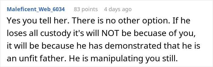 Comment discussing custody and manipulation, addressing a woman learning about a man she's been dating marrying soon.
