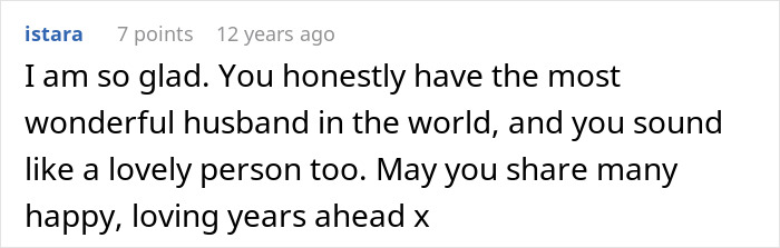 Screenshot of an online comment expressing gratitude and admiration for a wonderful husband and wishing many happy years ahead.