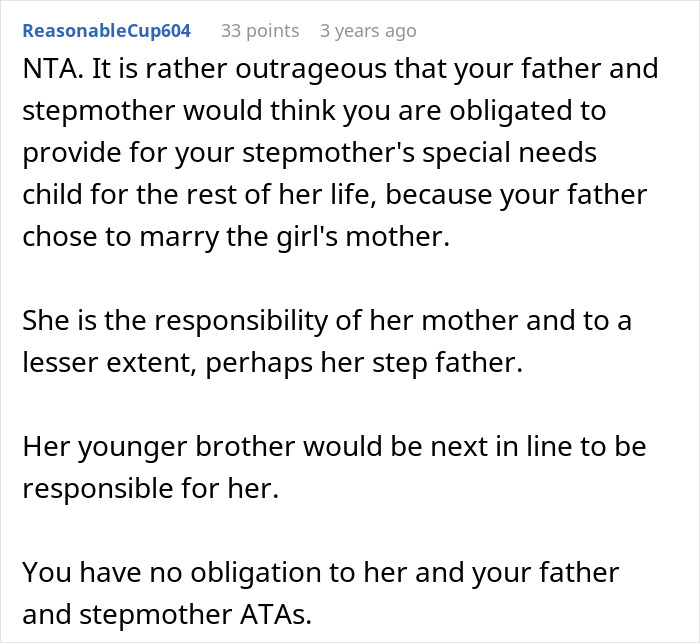 Comment discussing caregiver role preparation and refusal for disabled stepsister and family conflict over responsibility.