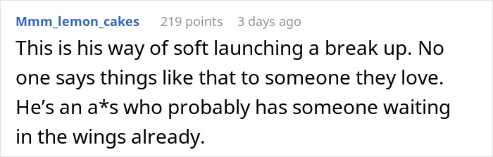 Screenshot of a Reddit comment criticizing a rich boyfriend demanding equal split rent as girlfriend refuses to agree.