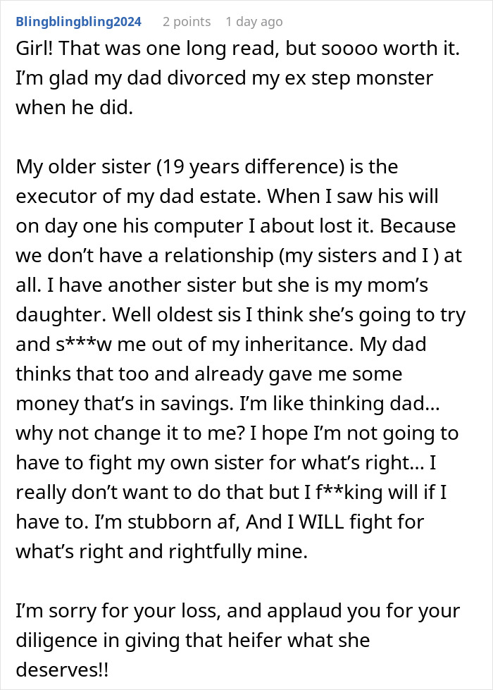 Text message discussing a grieving daughter determined to fight her step-monster over inheritance and financial ruin.