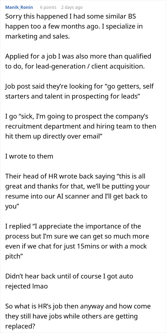 Comment discussing a candidate's experience with AI-scored job interview and automated rejection in real time hiring process. Comment discussing a candidate's experience with AI-scored job interview and automated rejection in real time hiring process.