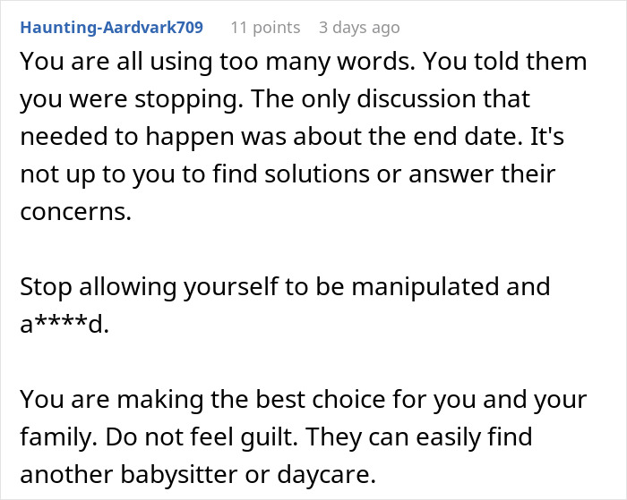 Comment advising to resist guilt-tripping from parents when daughter-in-law refuses to be a cheap babysitter.