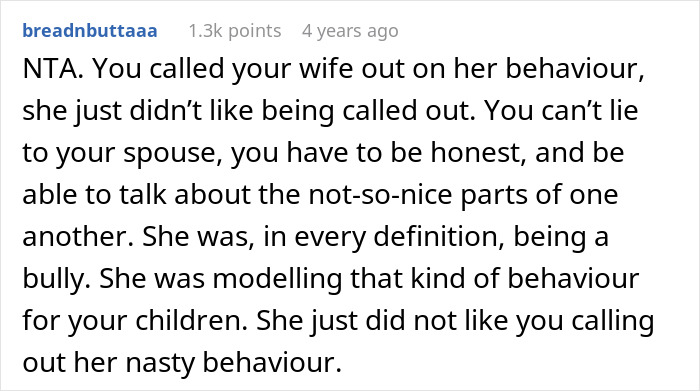 Screenshot of a Reddit comment discussing a husband calling his wife a bully and the impact of bullying behavior.