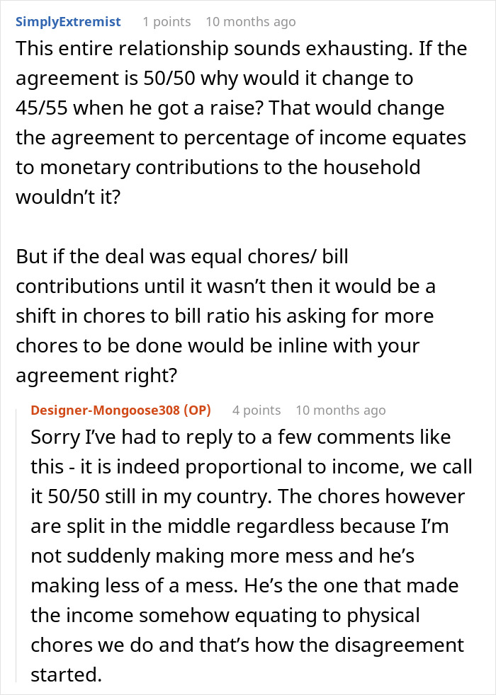 Commenters discuss fair chore distribution and income proportions in a relationship accused of being a gold digger scenario.