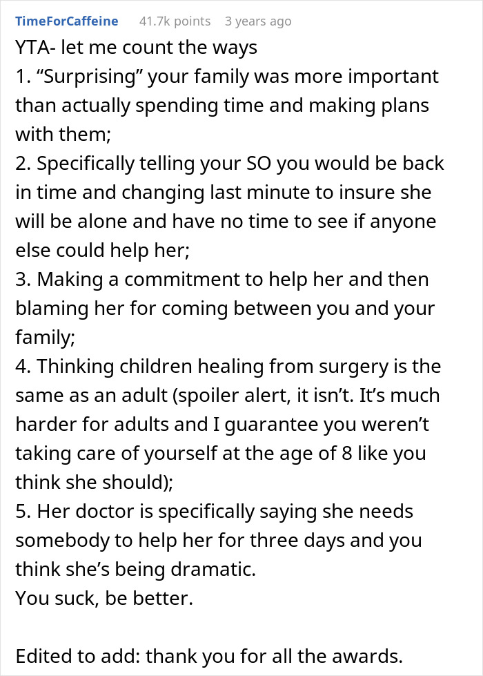Text post explaining why boyfriend organizing a surprise family visit during girlfriend&rsquo;s planned surgery is seen as dramatic and inconsiderate.