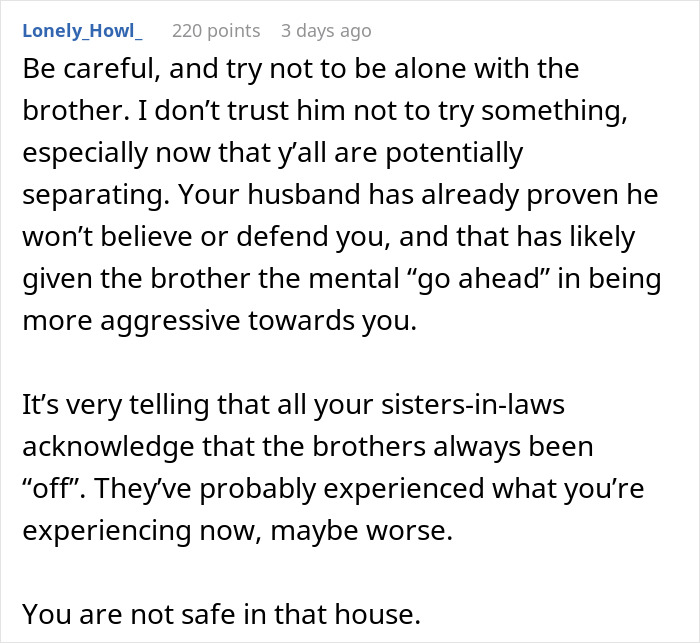 Text post warning a wife about her creepy brother-in-law and lack of support from family in a troubled relationship.